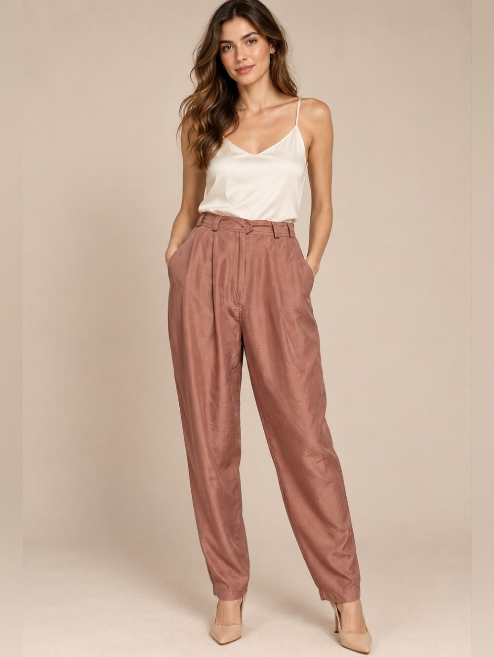 Vintage 90s Dusty Mauve brown 100% Silk HighRise Pleated Trousers M